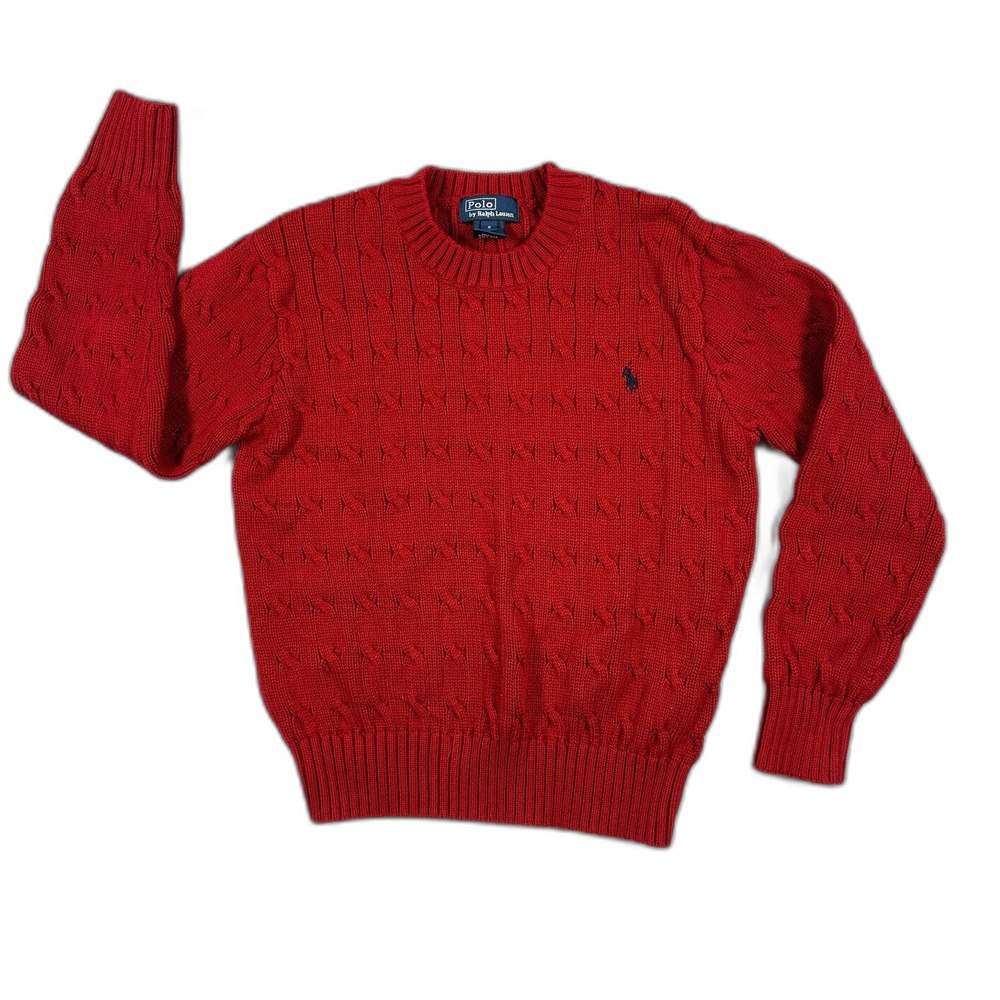 Polo Ralph Lauren Youth Kids Red Cable Knit Cotton Crewneck Sweater Size 8 Small